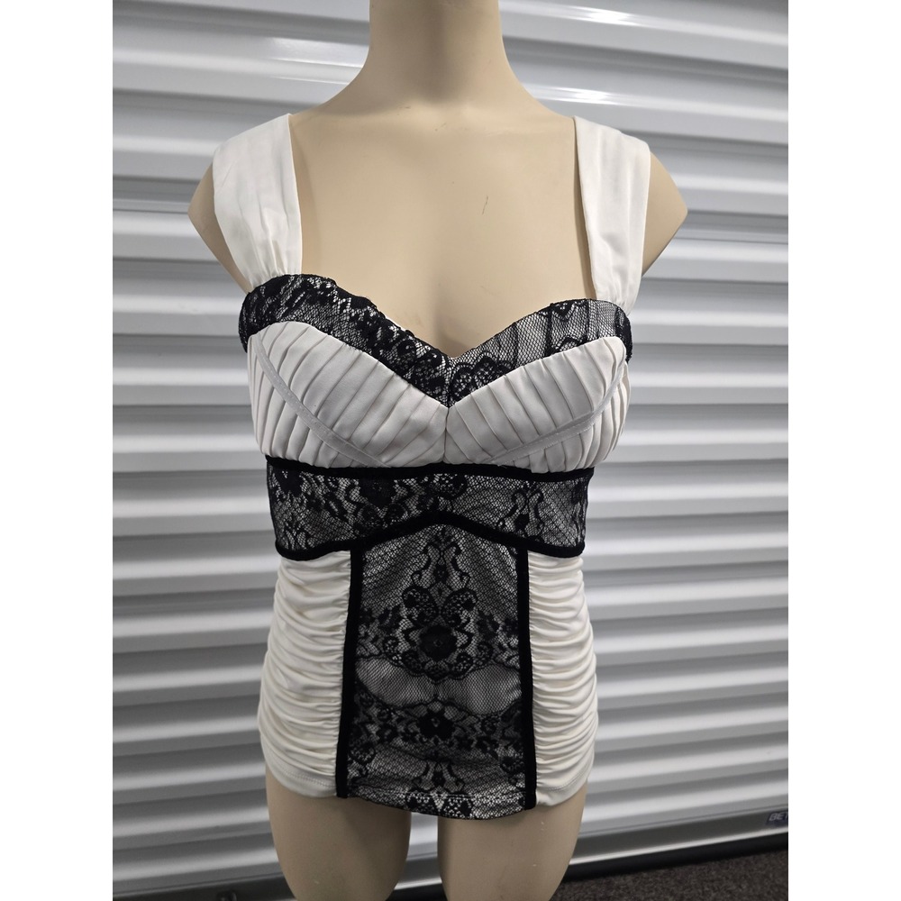 XOXO Womens Medium White Black Lace Bustier Ruched Top Y2K Going Out Fairy